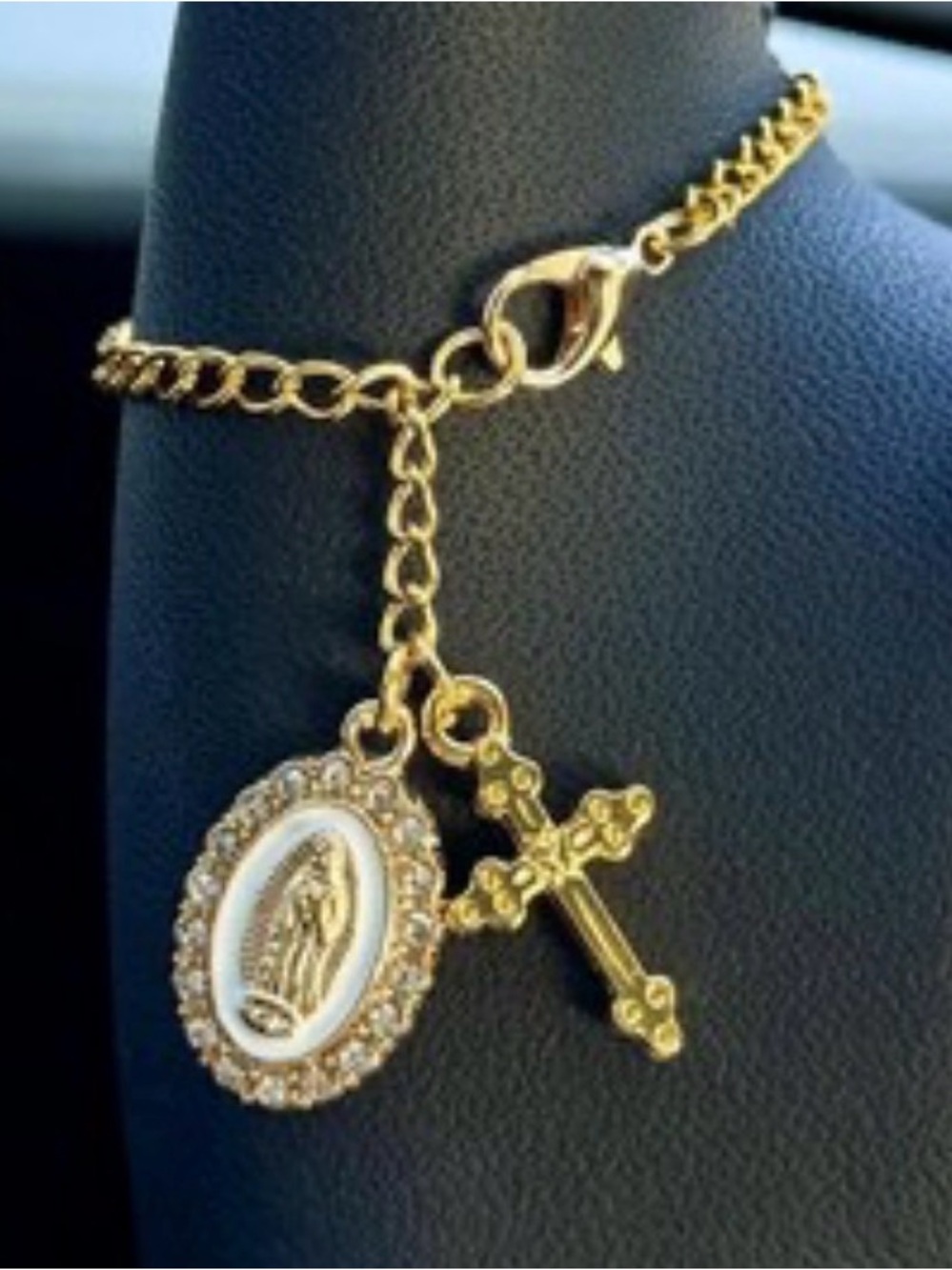 Gold-Tone Virgin Mary and Cross Necklace Charm Pendant - Women Jewelry